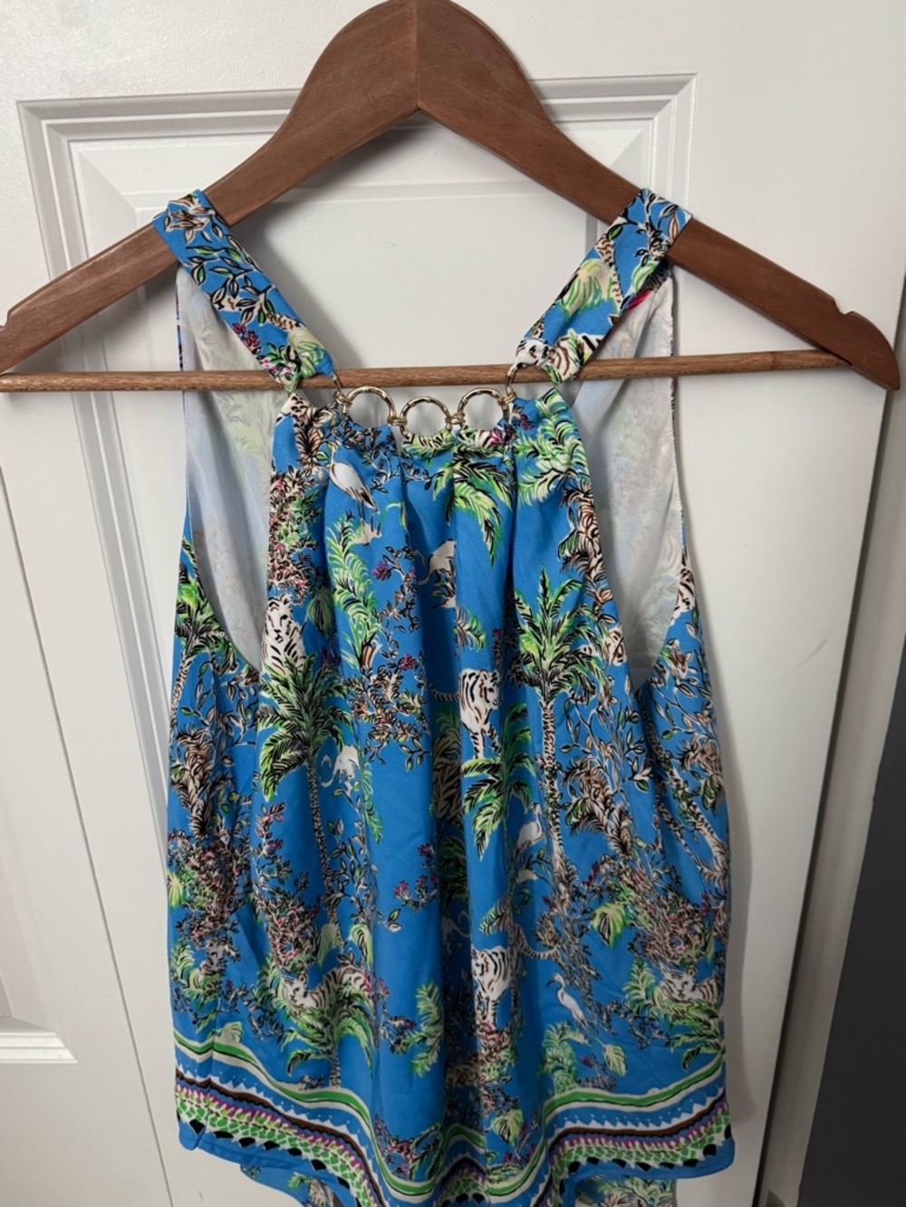 Lilly Pulitzer Blue and Green Tropical Print Halter Top with Gold Ring